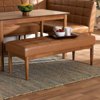 Baxton Studio BBT8051.11-TanWalnut-Bench Baxton Studio Sanford Mid-Century Modern Tan Faux Leather Upholstered and Walnut Brown Finished Wood Dining Bench